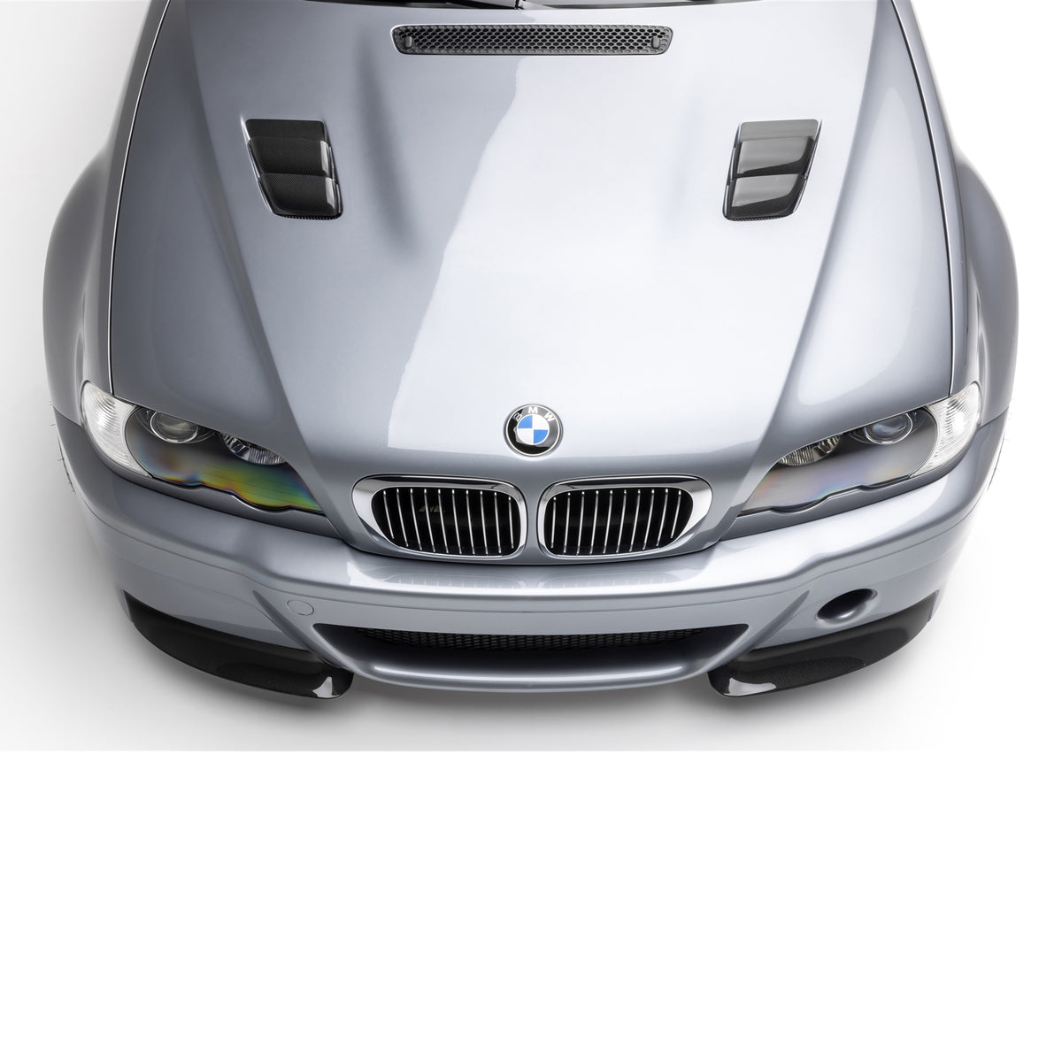 BMW E46 M3 V20 carbon fiber vented hood by Vorsteiner Aero, glossy finish, showcasing the lightweight, aerodynamic design