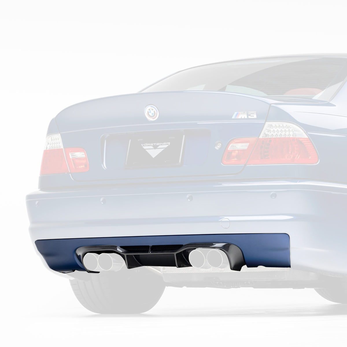 BMW E46 M3 V20 Aero rear diffuser in glossy carbon fiber by Vorsteiner, showcasing its sleek design and textured surface.