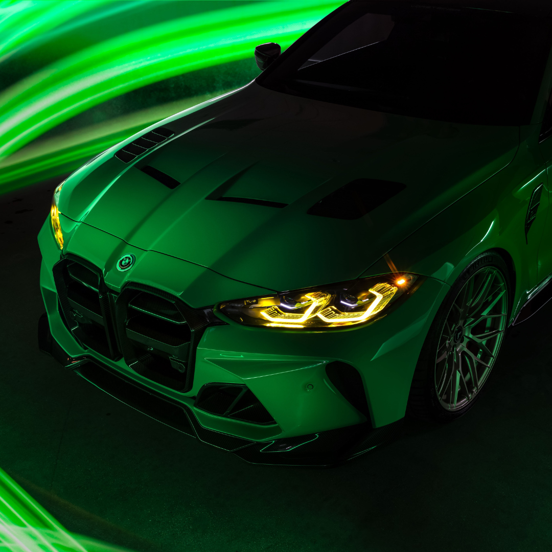 Vorsteiner GTS-V BMW G8X M3 M4 one-piece carbon fiber Aero front bumper with V-Style design, showcasing lightweight, high-performance aerodynamics.