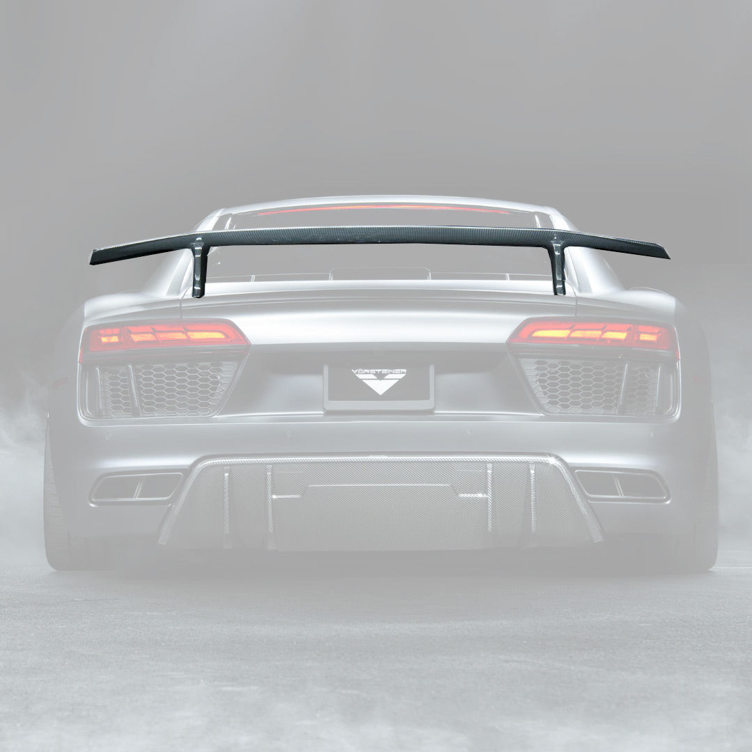 2017+ Audi R8 V10 Plus rear wing by Vorsteiner Aerodynamics, featuring lightweight carbon fiber aero design for enhanced performance.