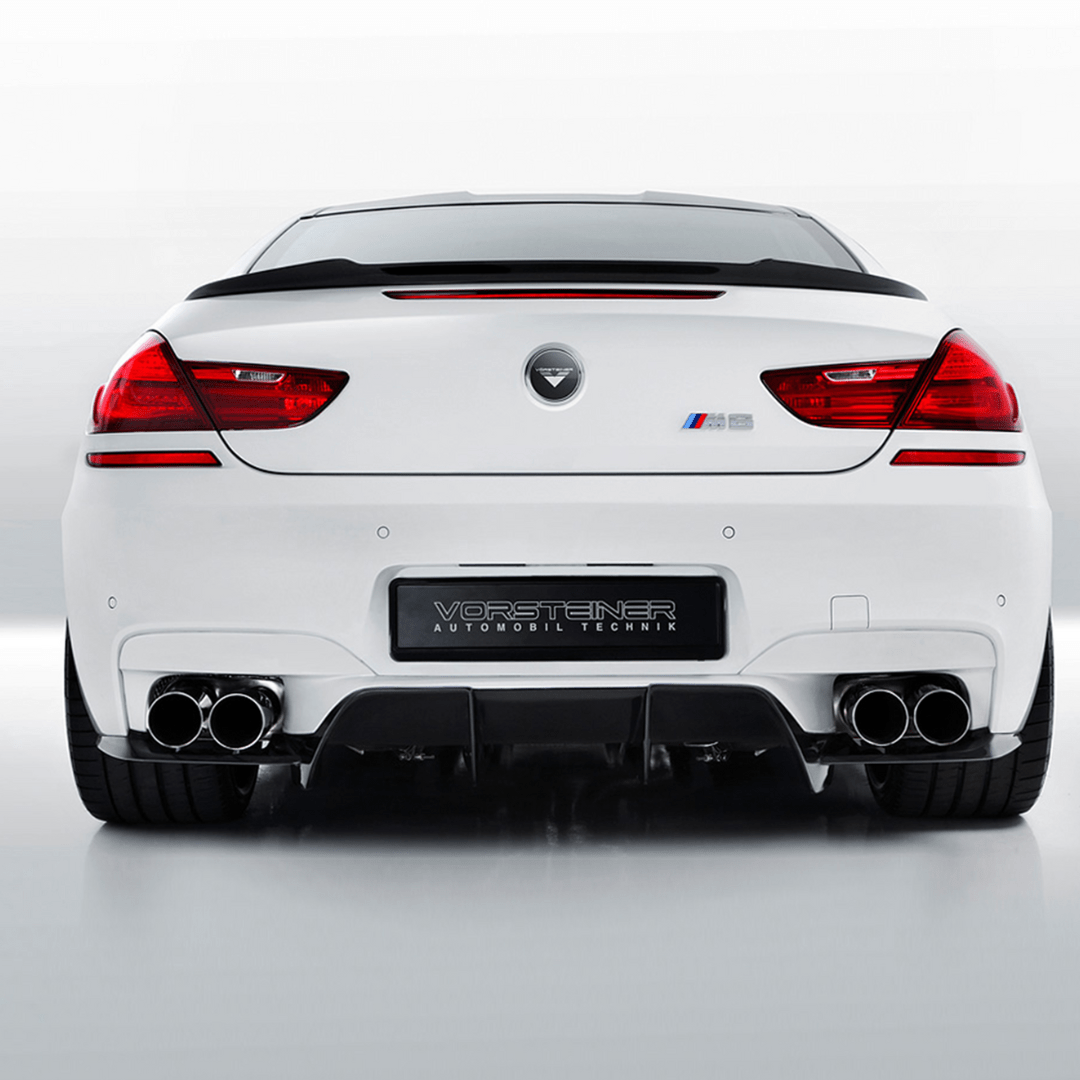 BMW F12 M6 V-Style Aero rear diffuser by Vorsteiner Aerodynamics, featuring carbon fiber construction and sporty aerodynamic design.