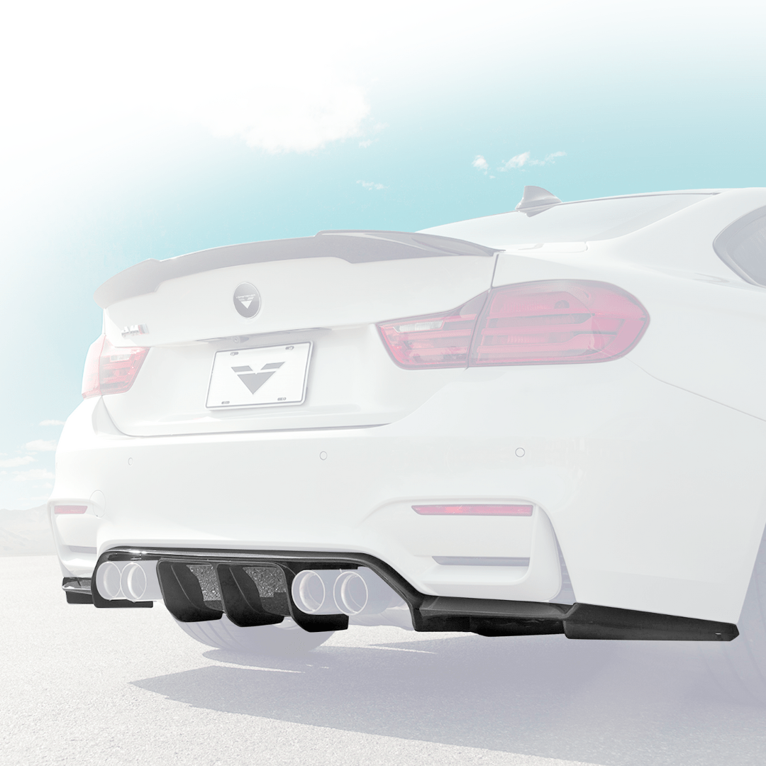 BMW F8X M3 M4 GTS carbon fiber rear diffuser by Vorsteiner Aero, showcasing V-Style™ aerodynamic design on the sports car.