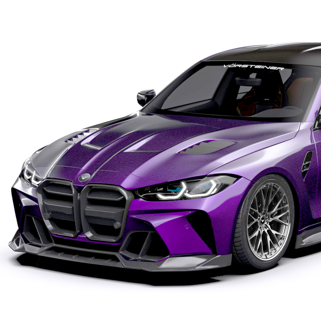 Vorsteiner GTS-V BMW G8X M3 M4 carbon fiber aero bonnet with V-Style™ design, showcasing lightweight, aerodynamic hood details.