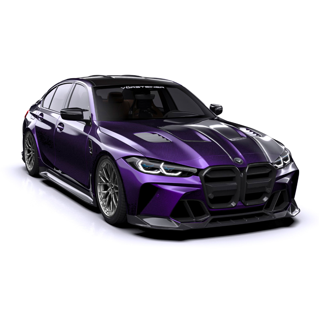 BMW G8X M3 GTS-V carbon fiber Aero Bonnet by Vorsteiner, V-Style™️ with aerodynamic design and lightweight carbon fiber finish.