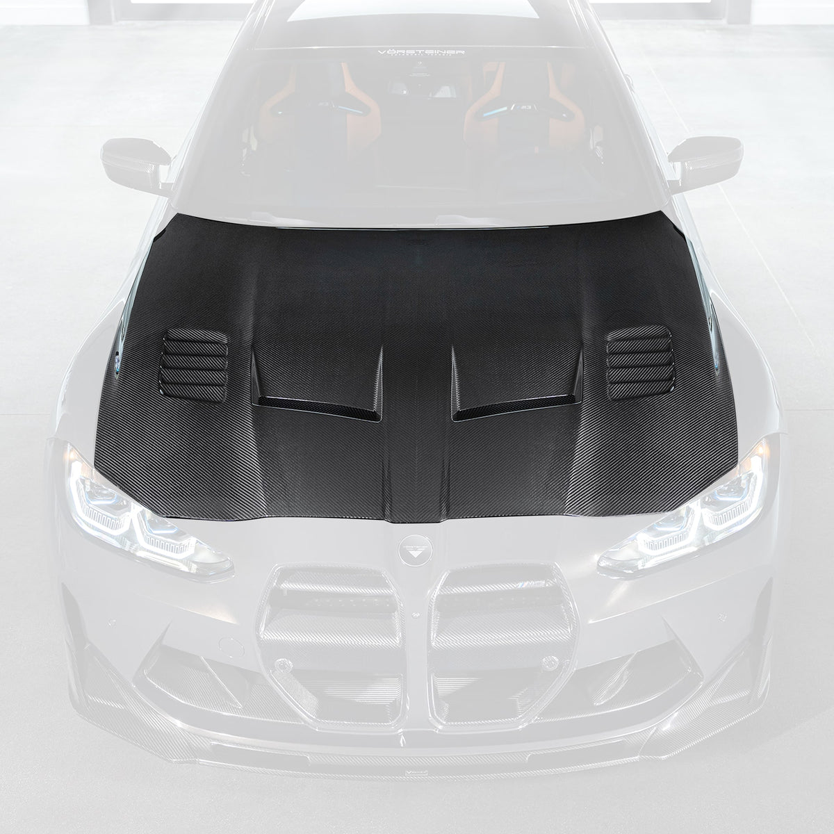 Vorsteiner GTS-V BMW G8X M3 M4 carbon fiber aero bonnet with V-Style design, showcasing lightweight, aerodynamic upgrade.