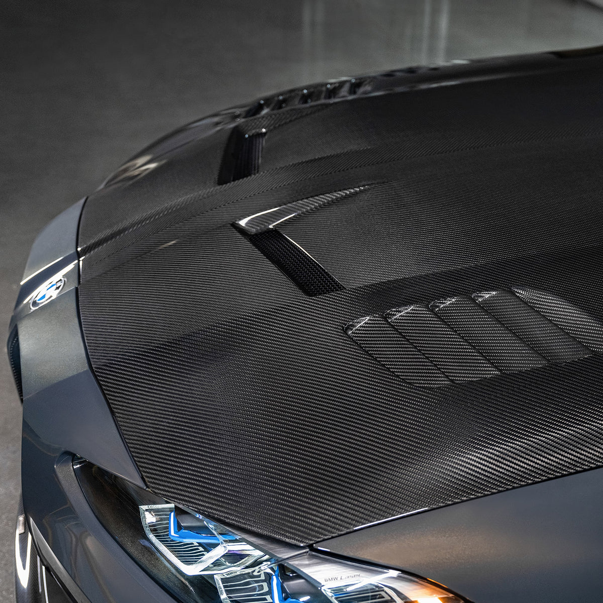 BMW G8X M3 GTS-V Vorsteiner carbon fiber aero bonnet with V-Style™ design, lightweight and aerodynamic.