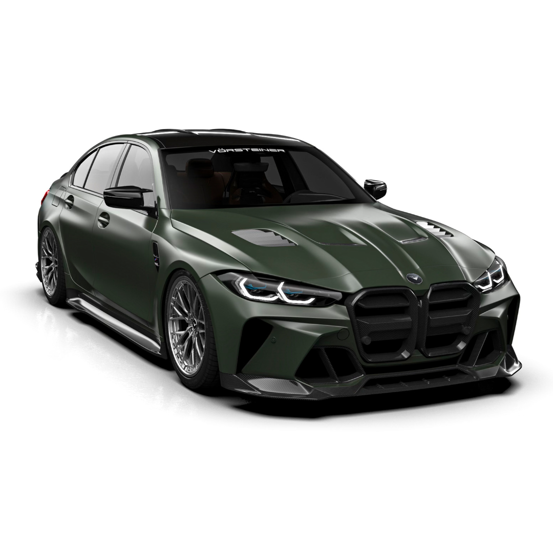 BMW G8X M3 GTS-V Vorsteiner carbon fiber aero bonnet with V-Style design, showcasing lightweight, aerodynamic engineering.