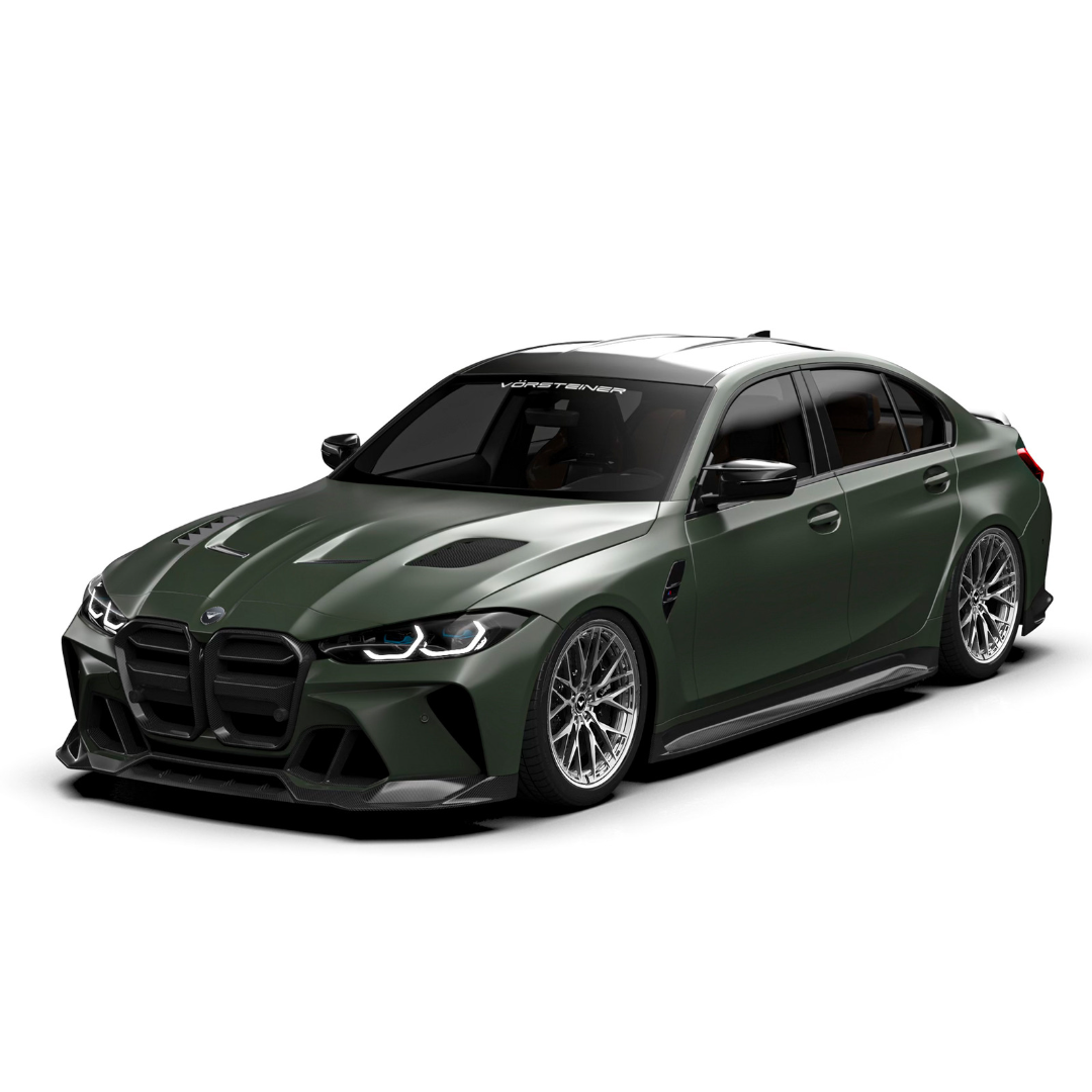 BMW G8X M3 M4 GTS-V carbon fiber aero bonnet with V-Style™ by Vorsteiner Aerodynamics, showcasing lightweight, aerodynamic design.