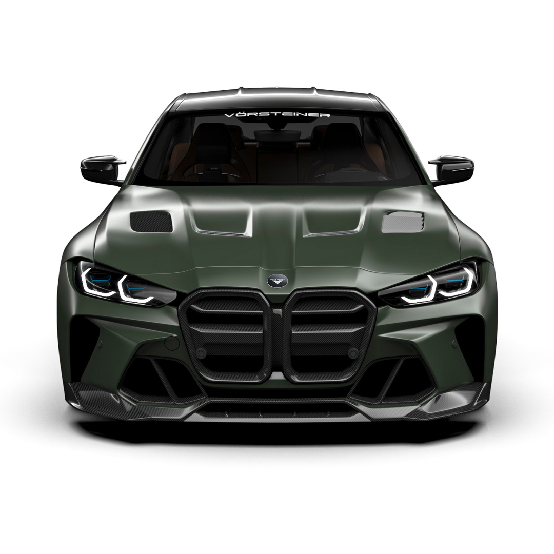 BMW G8X M3 GTS-V Vorsteiner carbon fiber aero bonnet with V-Style design, showcasing lightweight, aerodynamic hood for enhanced performance.