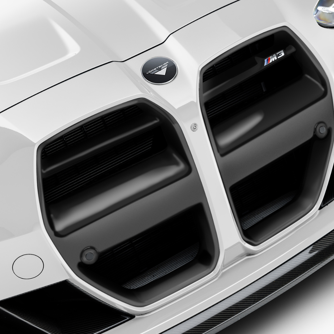 BMW G8X M3 M4 Vorsteiner gloss black ABS front V-style aero grille with sporty, aerodynamic design.