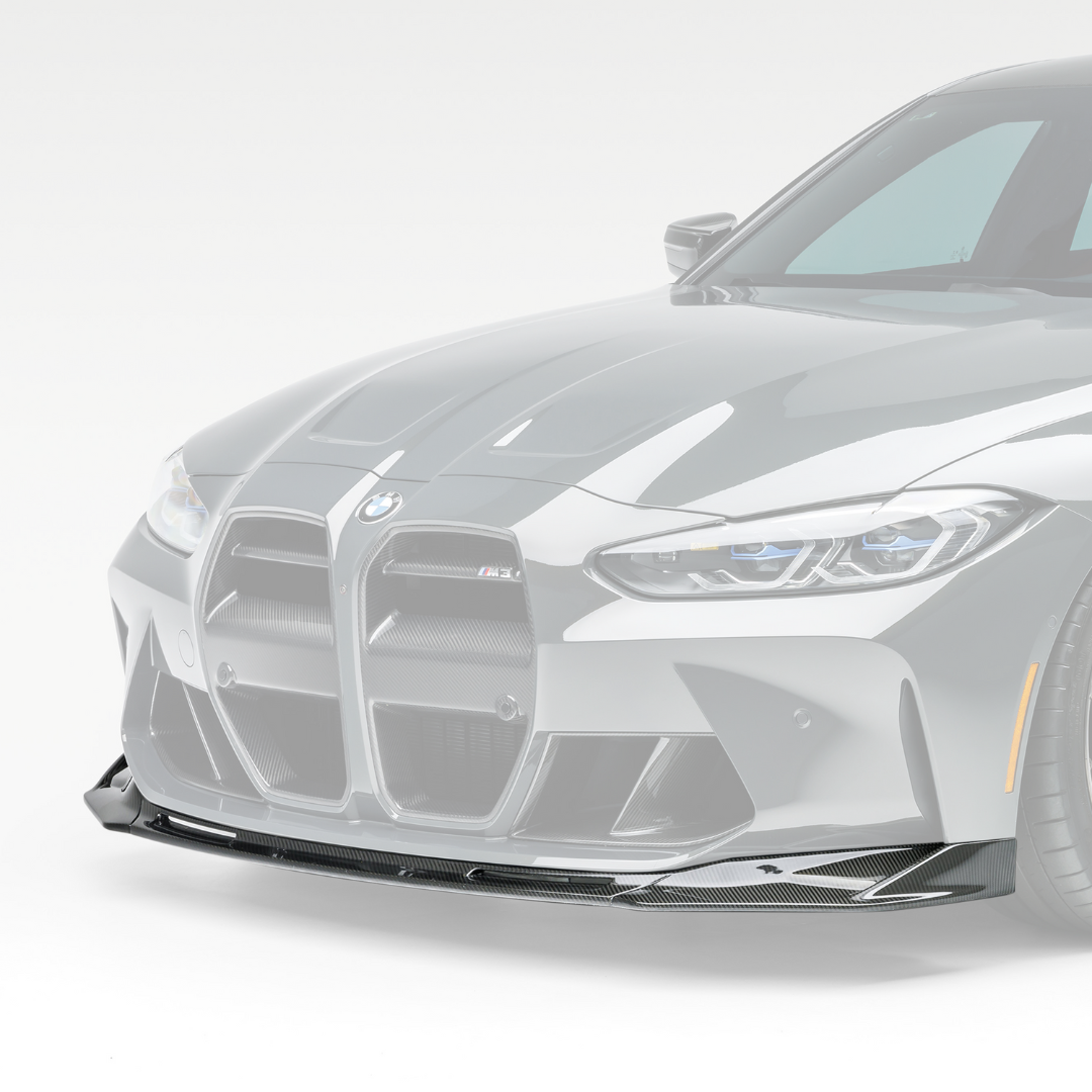 BMW G8X M3 M4 Vorsteiner Aero carbon fiber front spoiler V-Style for enhanced aerodynamics and sporty appearance.