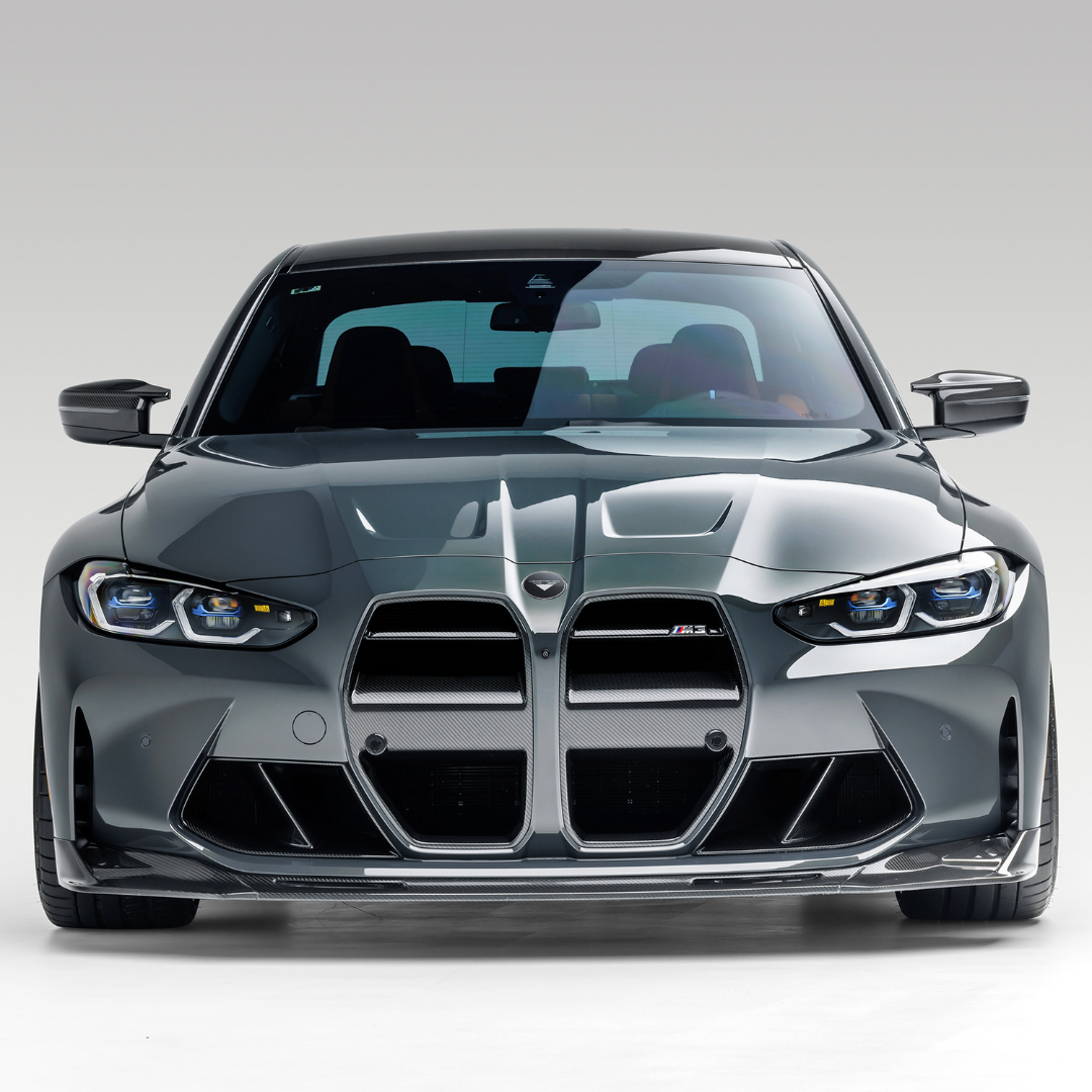 BMW G8X M3 and M4 Vorsteiner G8X M3 M4 carbon fiber front spoiler V-Style aero enhancement for improved aerodynamics.