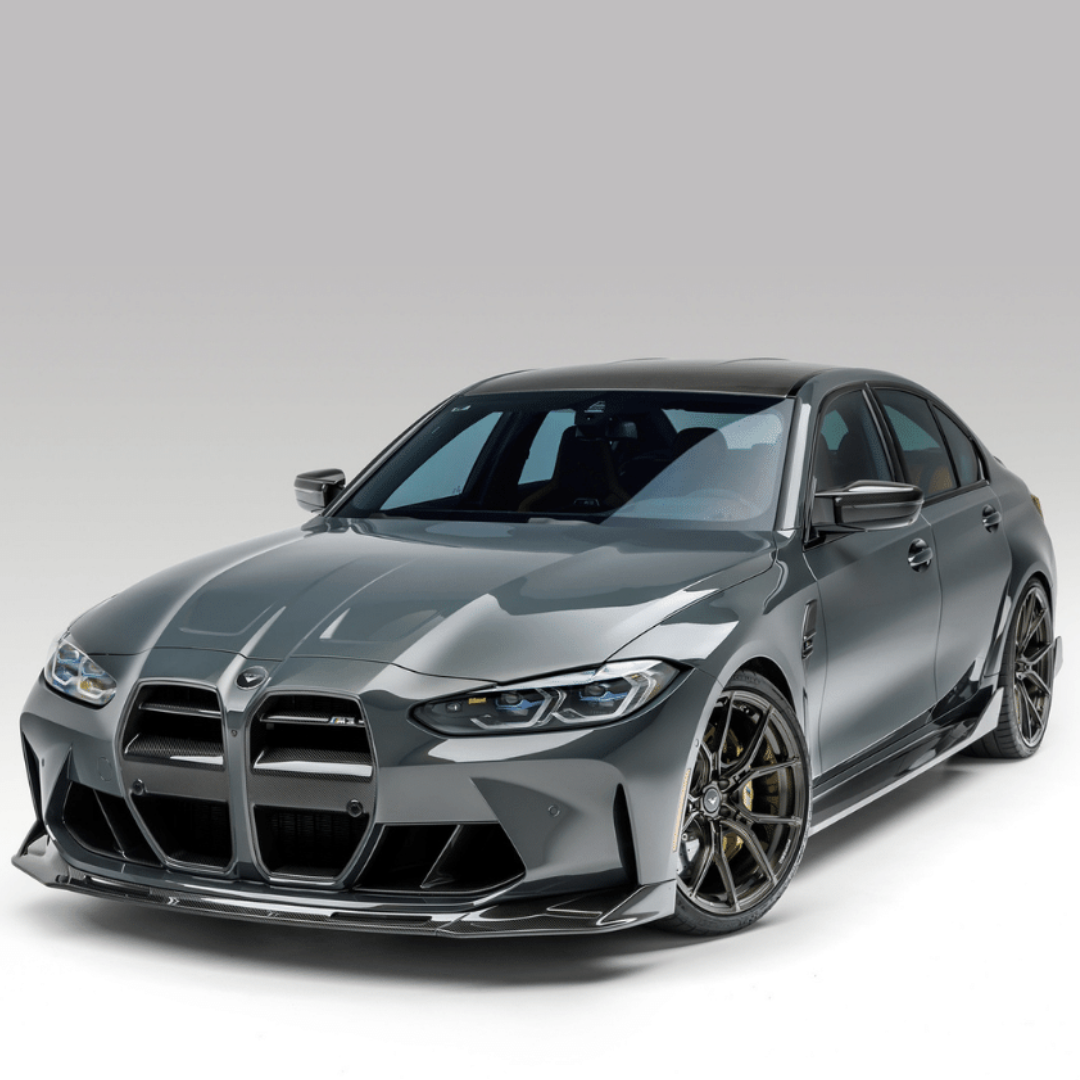 BMW G8X M3 M4 Vorsteiner Aero carbon fiber front spoiler V-Style for enhanced aerodynamics and sporty appearance.
