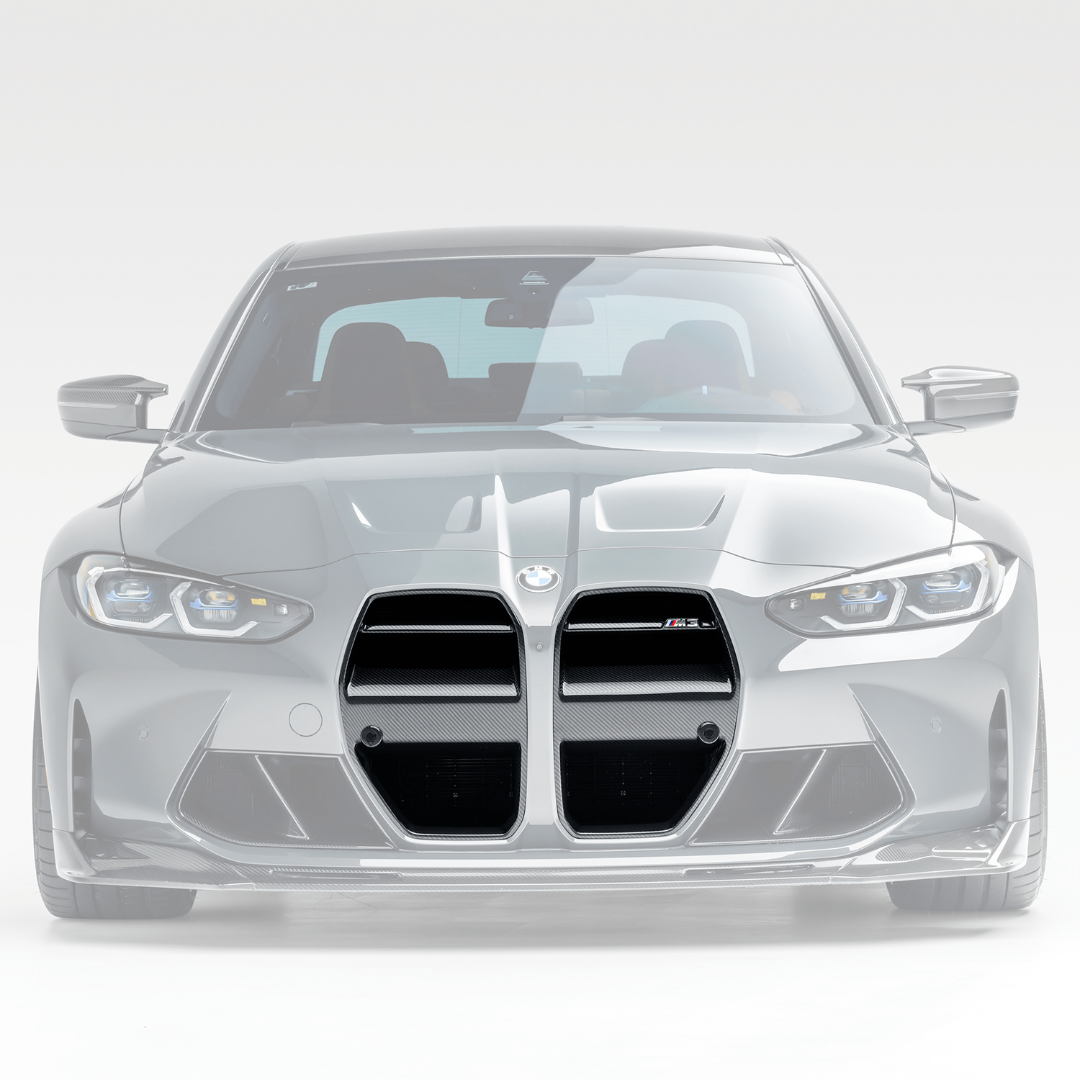 BMW G8X M3 M4 Vorsteiner carbon fiber front V-style aero grille with sporty design and aerodynamic enhancements.