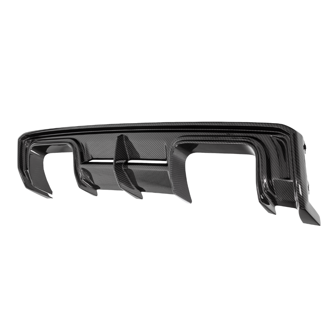 BMW G8X M4 carbon fiber rear diffuser by Vorsteiner Aero, V-Style™ with sleek aerodynamic design and detailed carbon fiber finish.