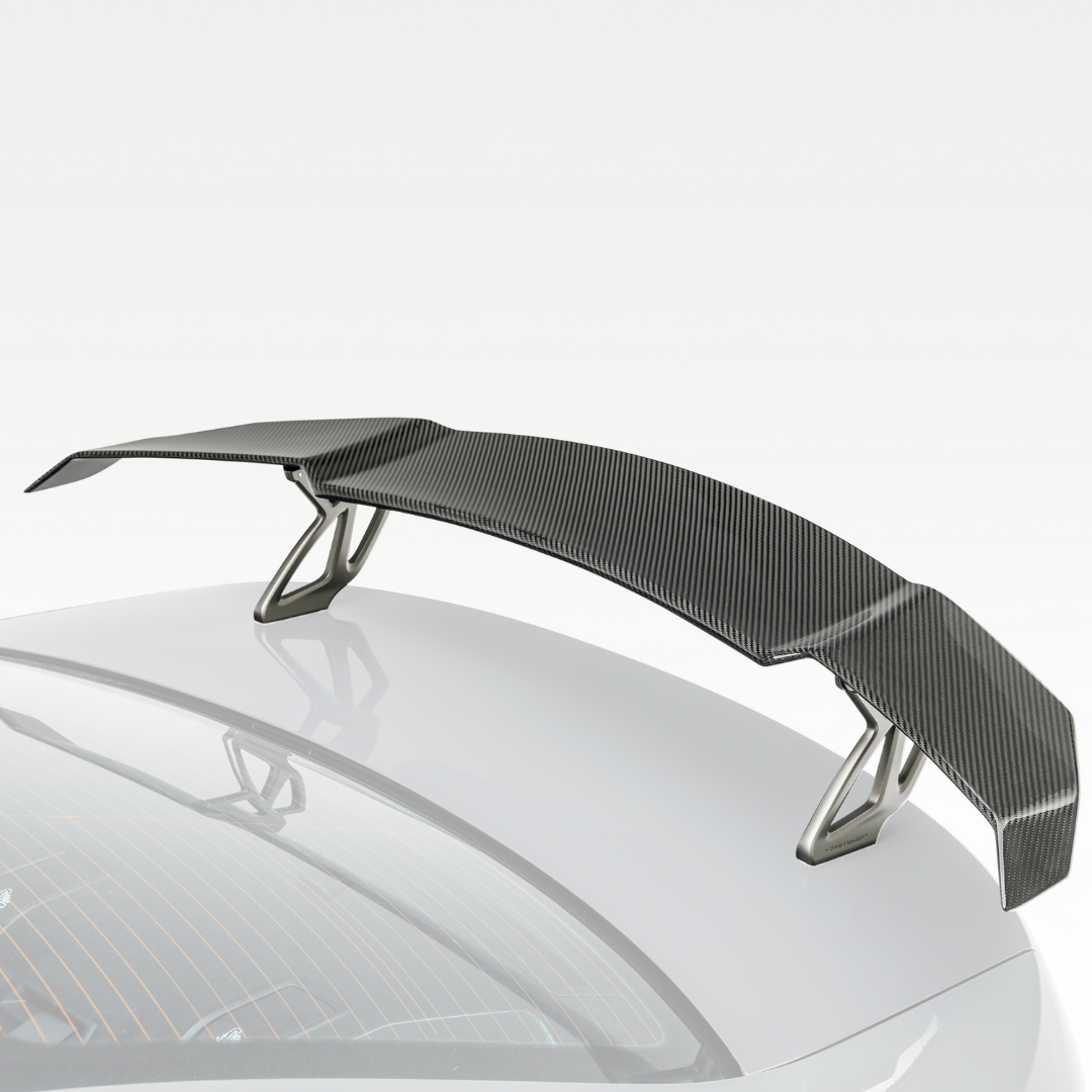 BMW G8X M3 M4 Vorsteiner carbon fiber aero wing blade with aluminum uprights, V-Style aerodynamic rear spoiler