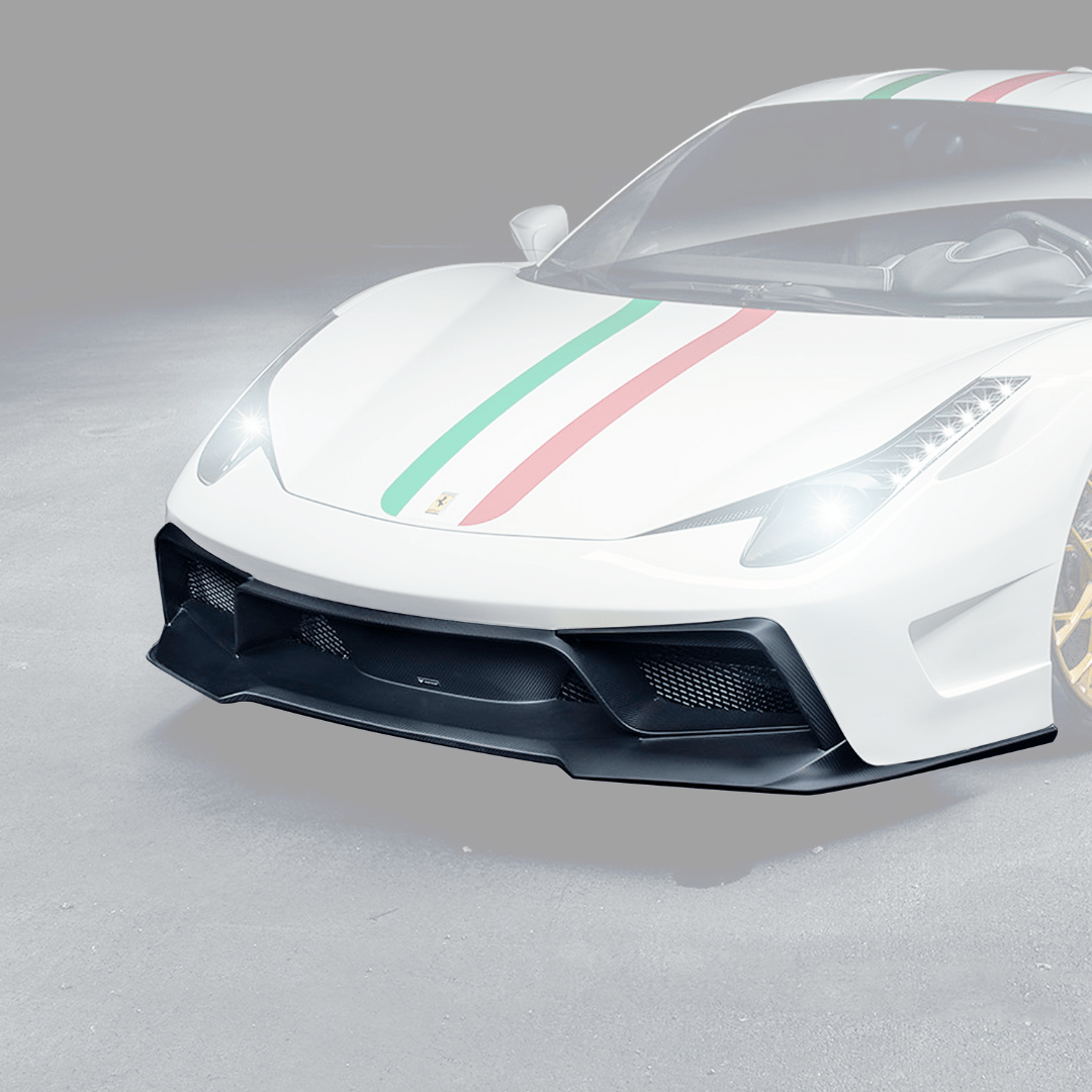 Ferrari 458 Italia VX carbon fiber front bumper with aero front spoiler by Vorsteiner Aerodynamics, showcasing sleek vehicle enhancement.