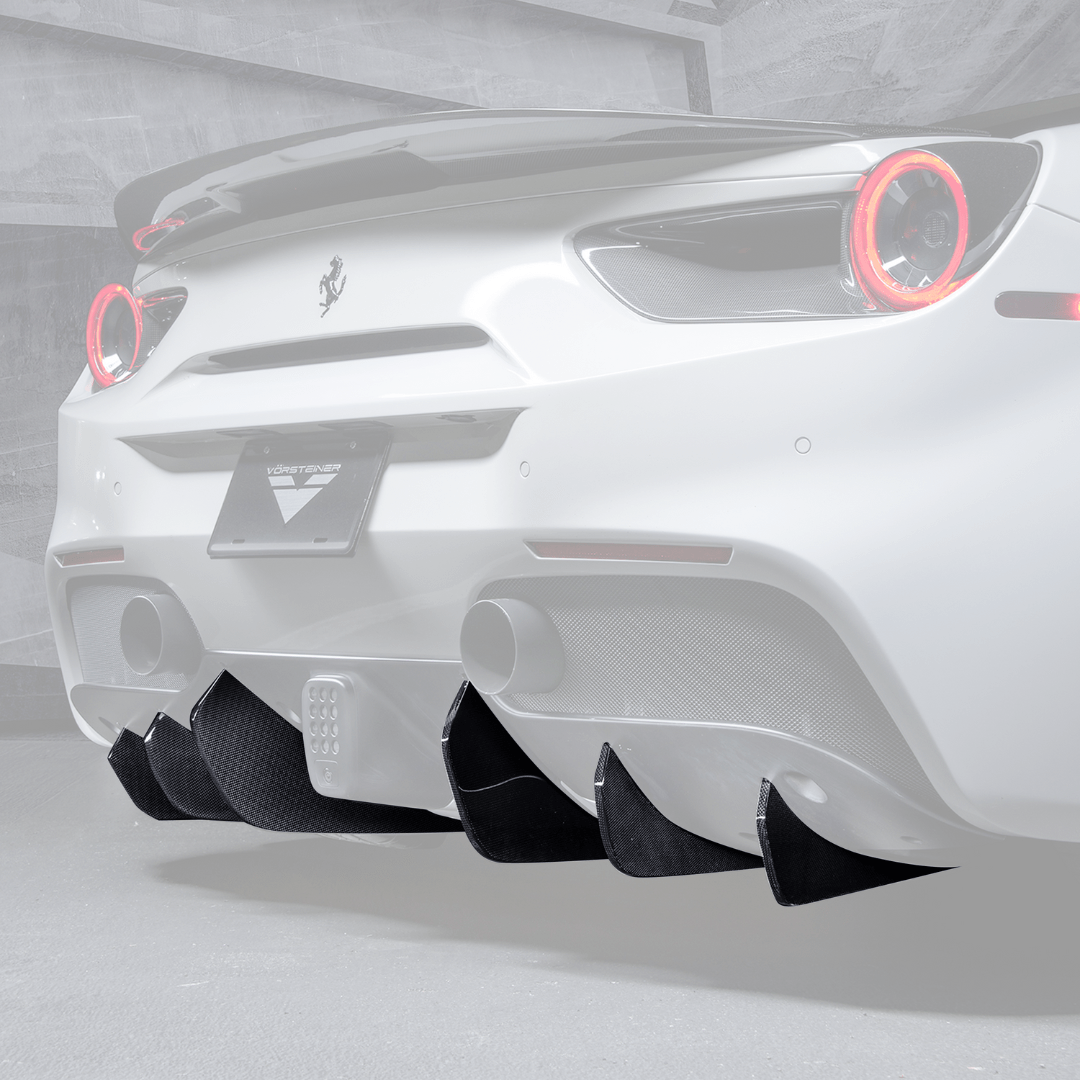 Set of six Ferrari 488 Diavolo carbon fiber rear diffuser fins by Vorsteiner Aerodynamics for enhanced car aerodynamics.