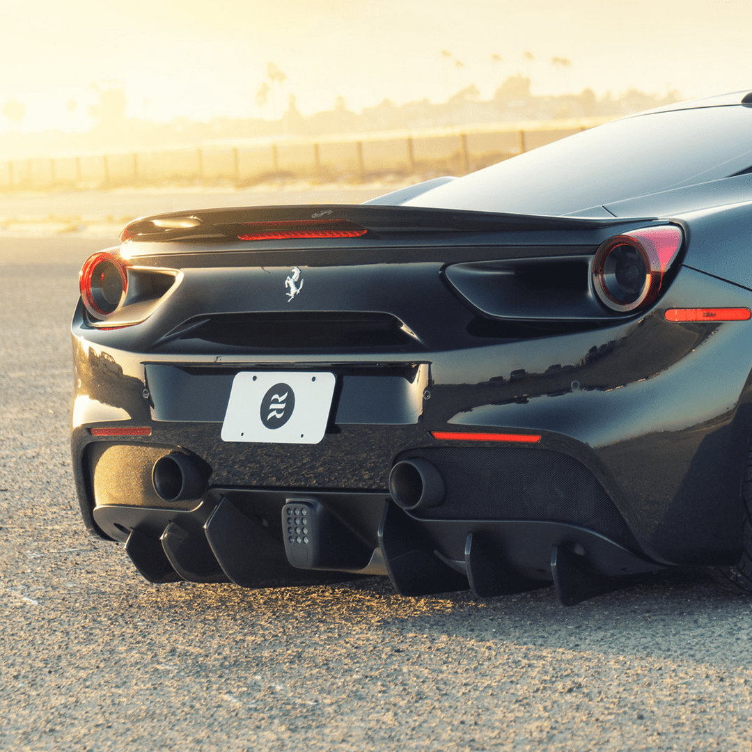 Set of six Ferrari 488 Diavolo carbon fiber rear diffuser fins for aerodynamic enhancement by Vorsteiner Aerodynamics.