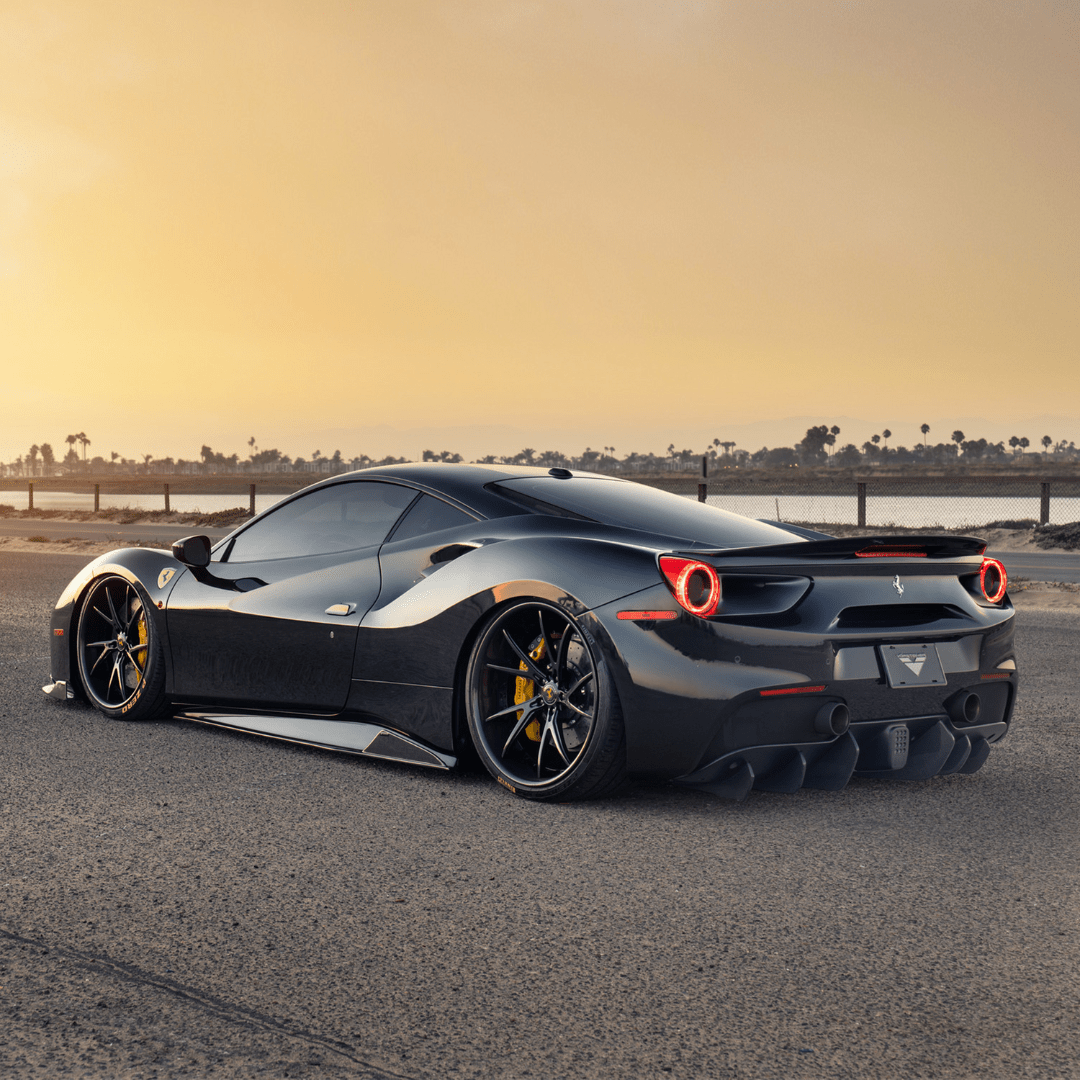 Set of six Ferrari 488 Diavolo carbon fiber rear diffuser fins by Vorsteiner Aerodynamics, designed for enhanced aero performance.