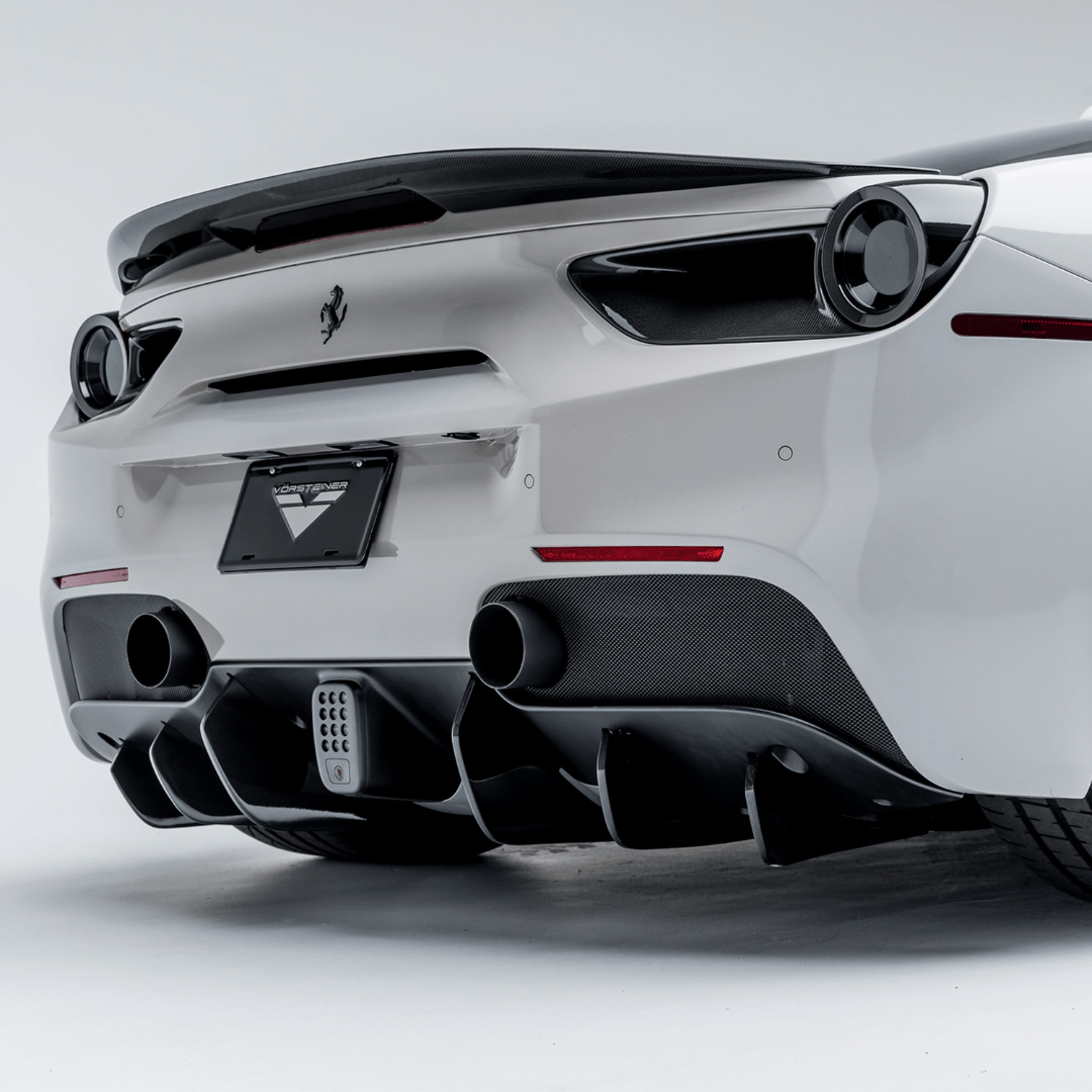 Set of six Ferrari 488 Diavolo carbon fiber rear diffuser fins from Vorsteiner Aerodynamics, designed for enhanced aero performance.
