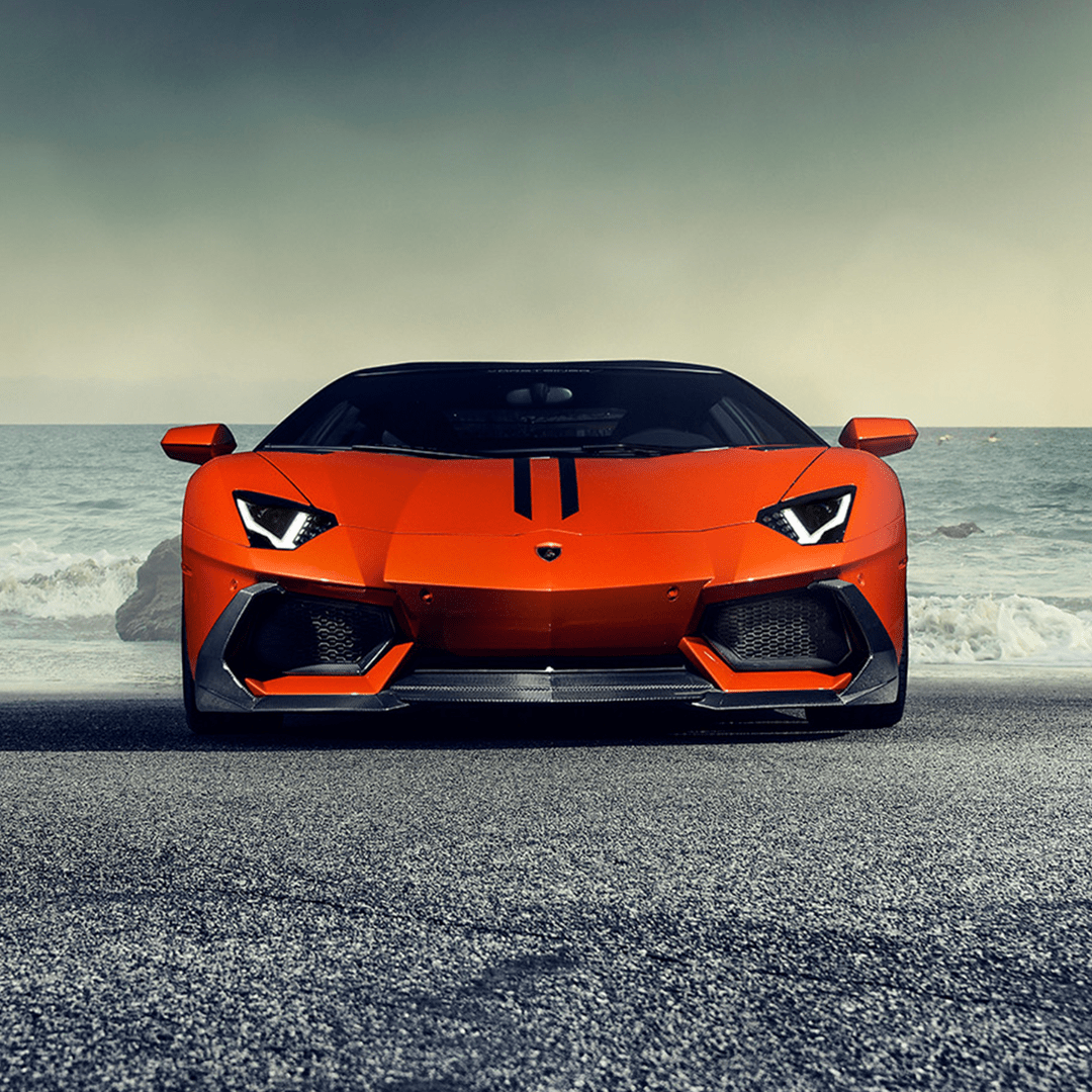 Vorsteiner Aerodynamics Lamborghini Aventador Zaragoza Edizione carbon fiber front aero spoiler mounted on the car.