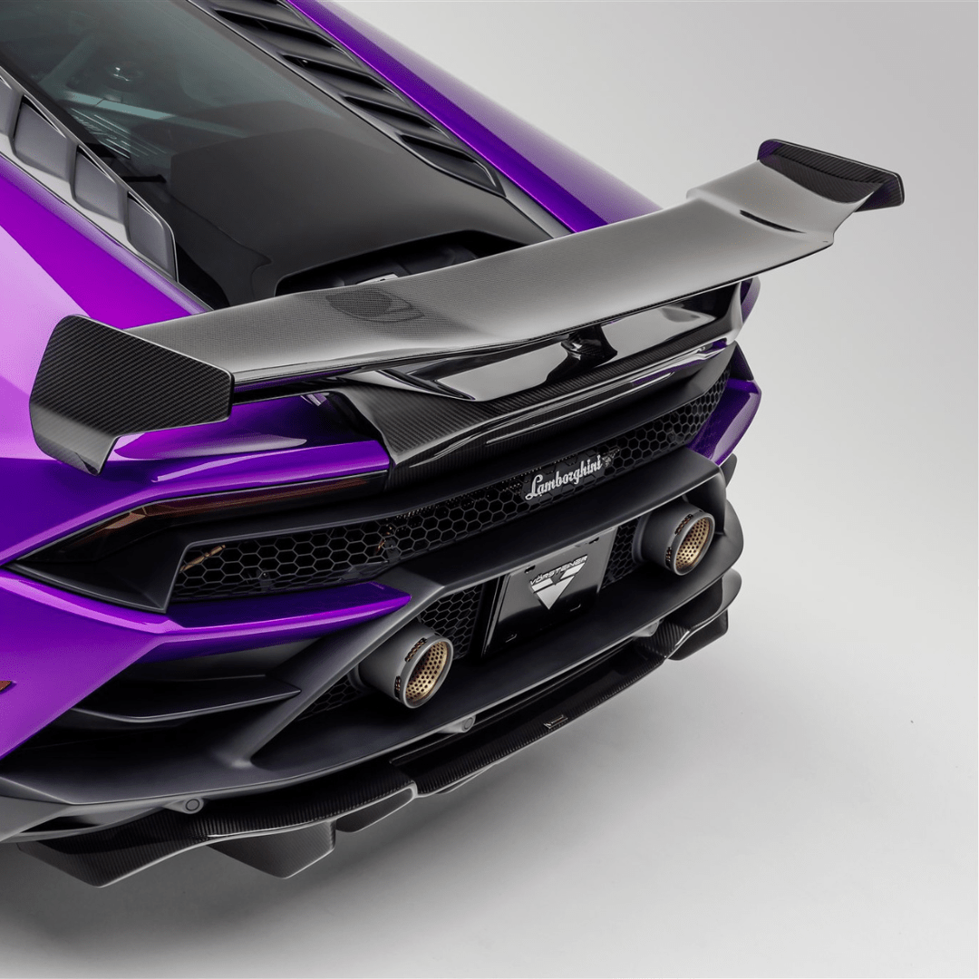 Vorsteiner Aerodynamics Lamborghini Huracan EVO Monza Edizione rear wing with integrated decklid in carbon fiber for enhanced aerodynamics.