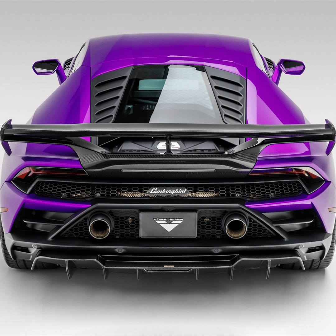 Vorsteiner Aerodynamics carbon fiber rear wing and integrated decklid on Lamborghini Huracan EVO Monza Edizione, showcasing sleek aero design.