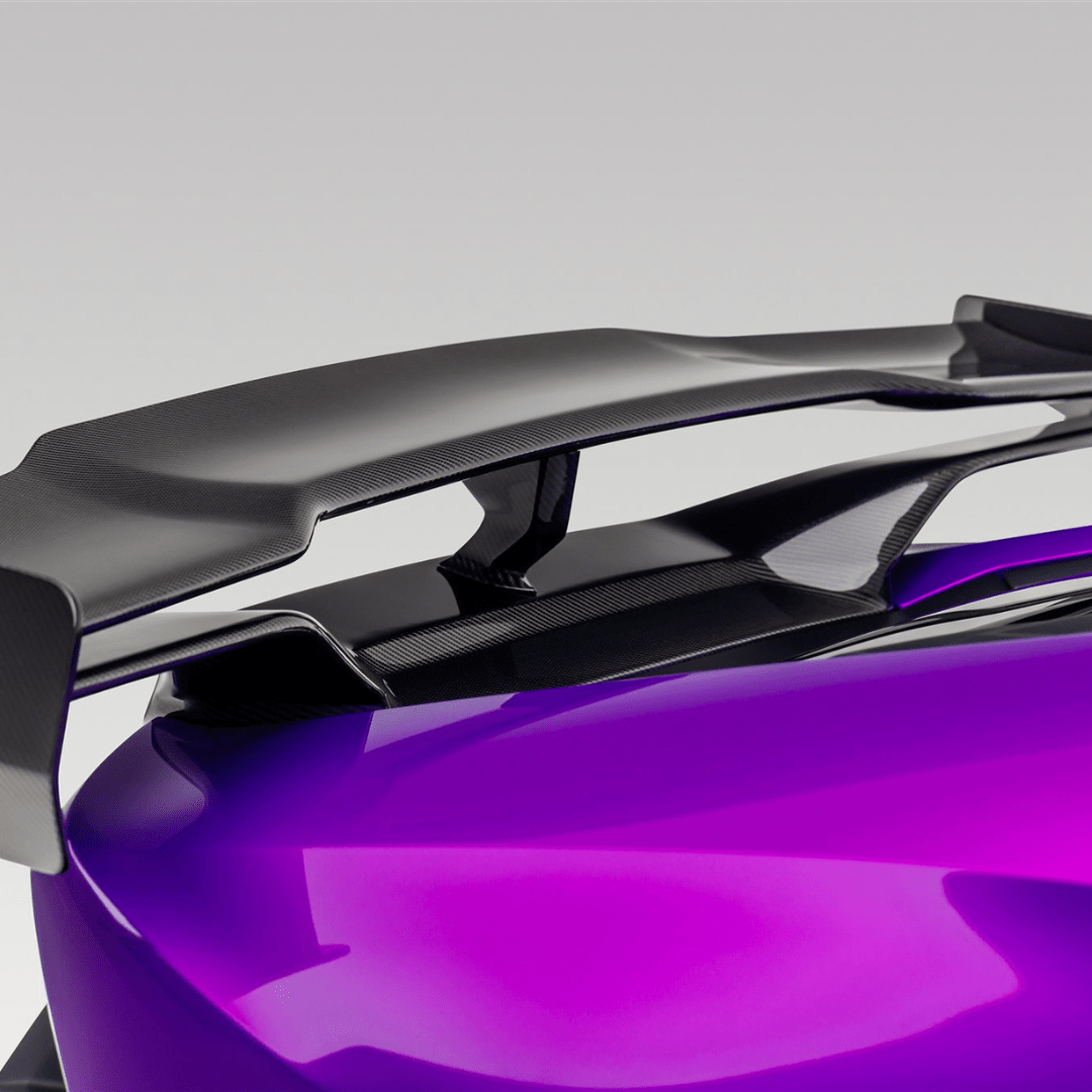 Vorsteiner Aerodynamics Lamborghini Huracan EVO Monza Edizione rear wing with integrated decklid, made of carbon fiber for enhanced aerodynamics.