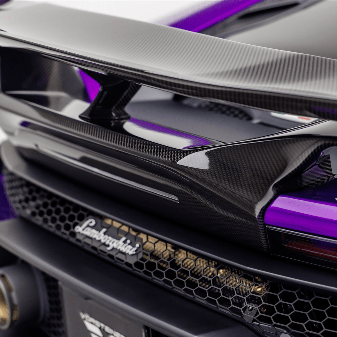Vorsteiner Aerodynamics Lamborghini Huracan EVO Monza Edizione rear wing with integrated decklid in carbon fiber, showcasing sleek aerodynamic design.