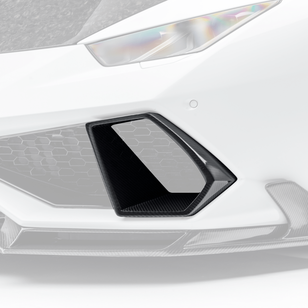 Vorsteiner Aerodynamics Lamborghini Huracan Mondiale carbon-fiber aero air intake bezels on front of the sports car.