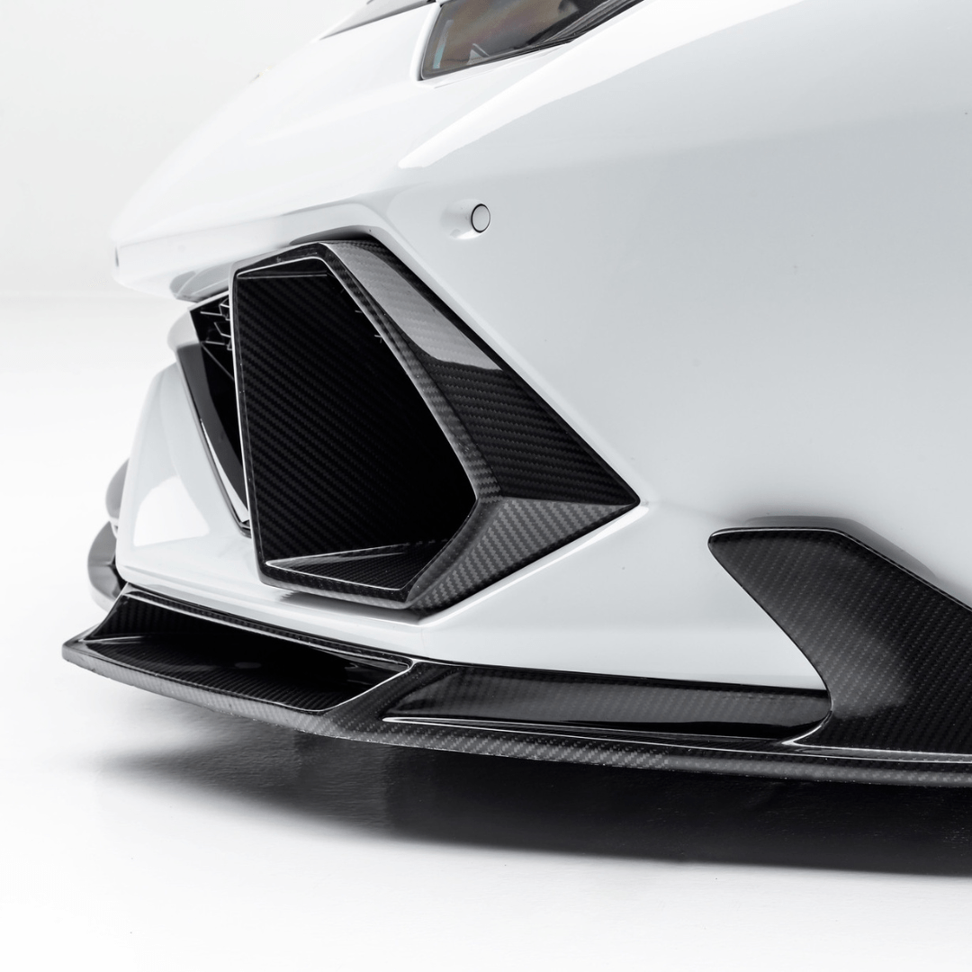Vorsteiner Aero carbon fiber air intake bezels on a Lamborghini Huracan Mondiale for enhanced aerodynamic performance.