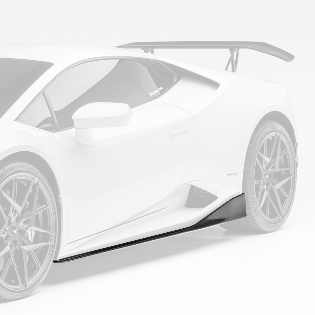 Vorsteiner Aerodynamics Lamborghini Huracan Mondiale carbon fiber aero side blades installed on the car's side for enhanced performance and style.