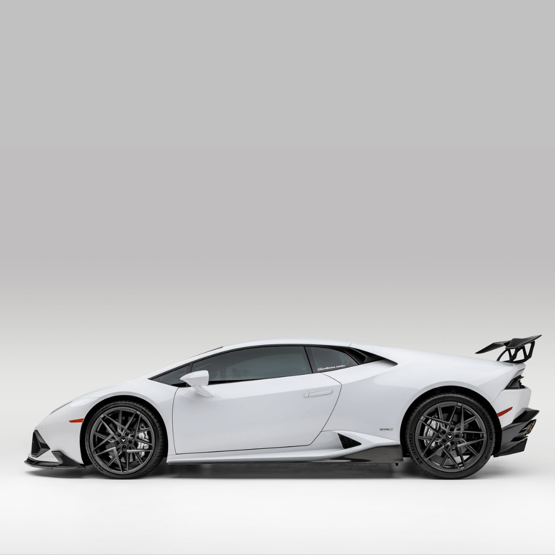 Lamborghini Huracan Mondiale with Vorsteiner Aero carbon-fiber side blades, showcasing aerodynamic design and sleek car details.