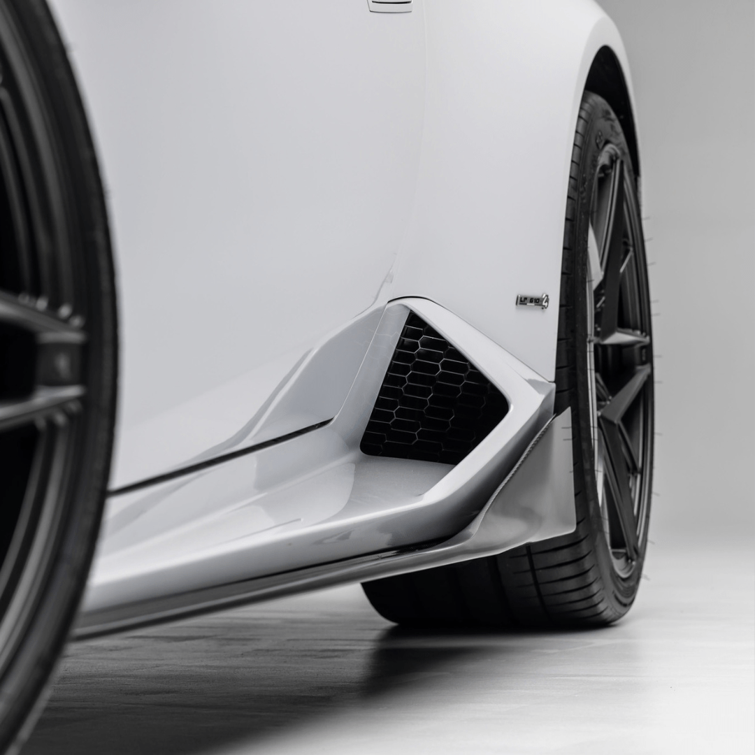 Lamborghini Huracan Mondiale with Vorsteiner Aerodynamics carbon fiber aero side blades showing sleek, sporty design details.