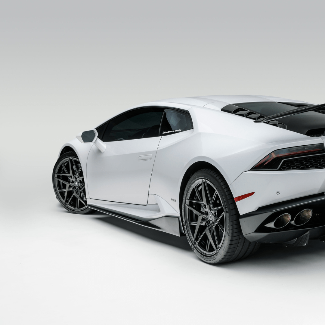 Vorsteiner Aerodynamics Lamborghini Huracan Mondiale carbon-fiber aero side blades with sleek design and aerodynamic features.