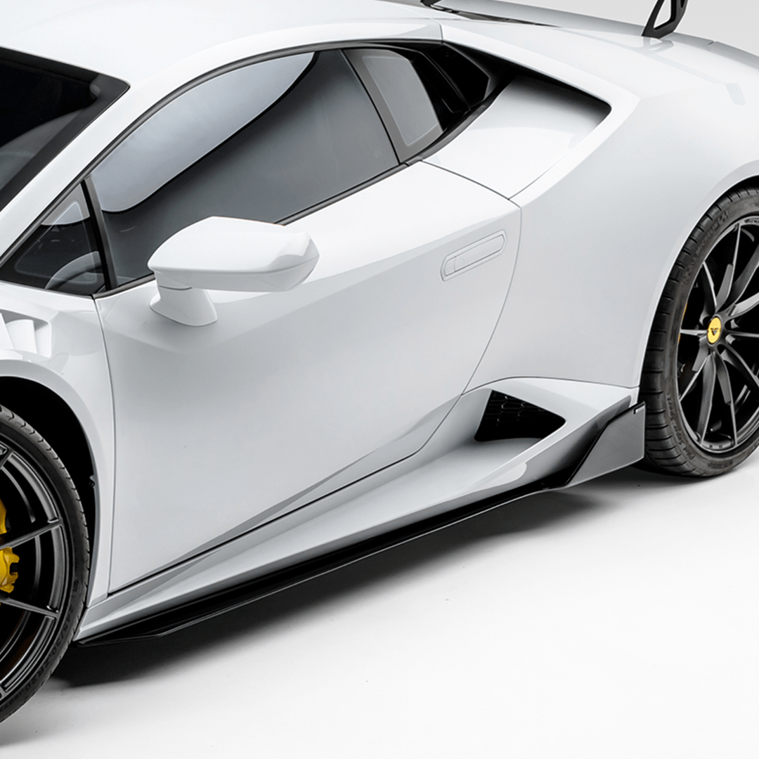 Lamborghini Huracan Novara Edizione Aero Side Blades by Vorsteiner Aerodynamics, carbon fiber aerodynamic car enhancement.
