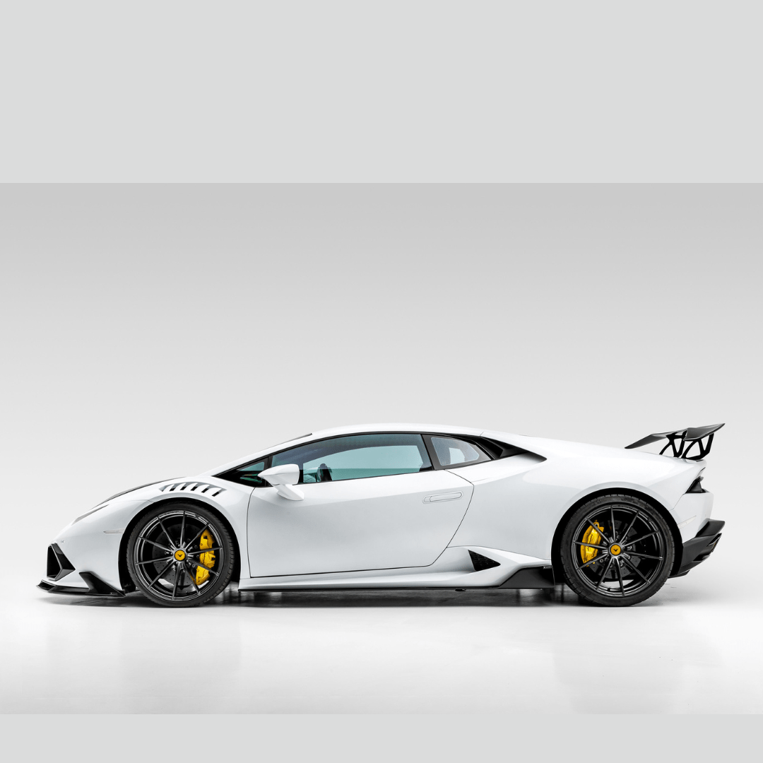 Lamborghini Huracan Novara Aero Side Blades by Vorsteiner Aerodynamics, carbon fiber front bumper and aerodynamic side blades.