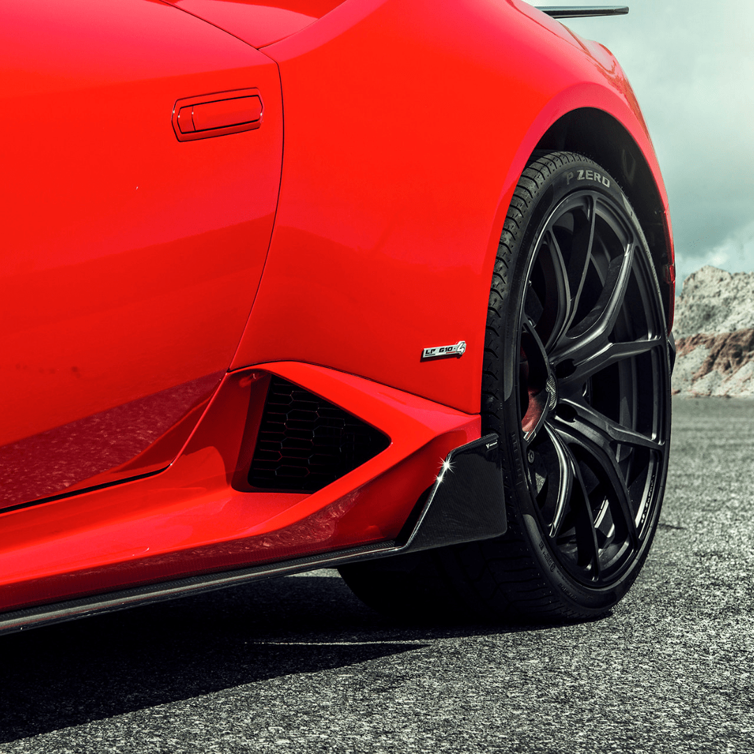 Lamborghini Huracan Verona edition with Vorsteiner Aerodynamics carbon fiber aero side blades, showcasing sleek automotive design.