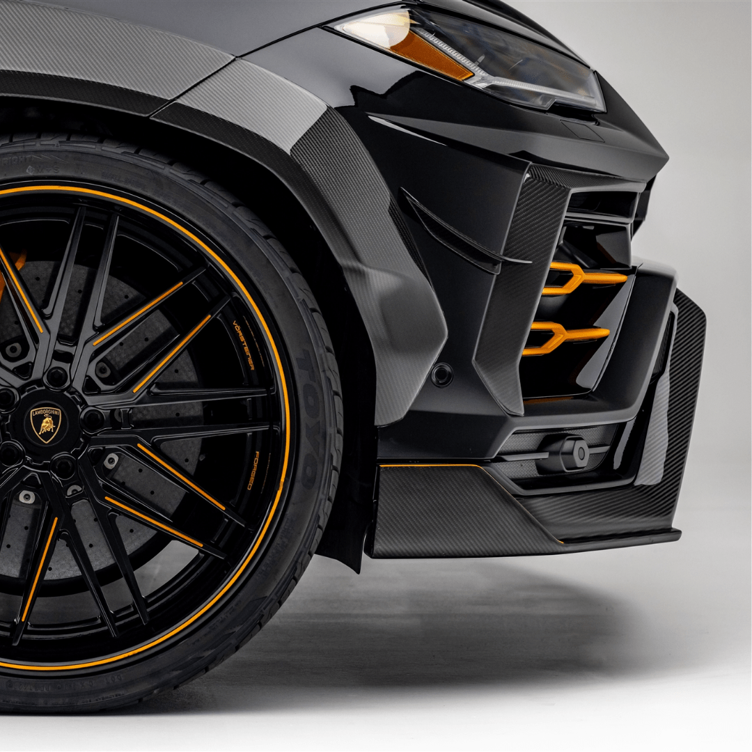 Vorsteiner Aerodynamics Lamborghini Urus Rampante carbon fiber aero front airducts for enhanced airflow and sporty appearance.