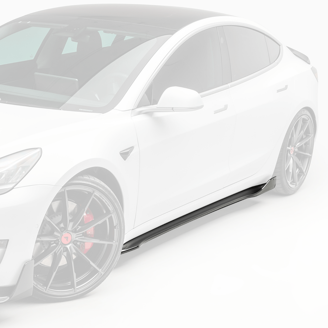 Vorsteiner Aerodynamics Tesla Model 3 Volta Aero side skirt in carbon fiber, showcasing sleek, aerodynamic design on the vehicle.