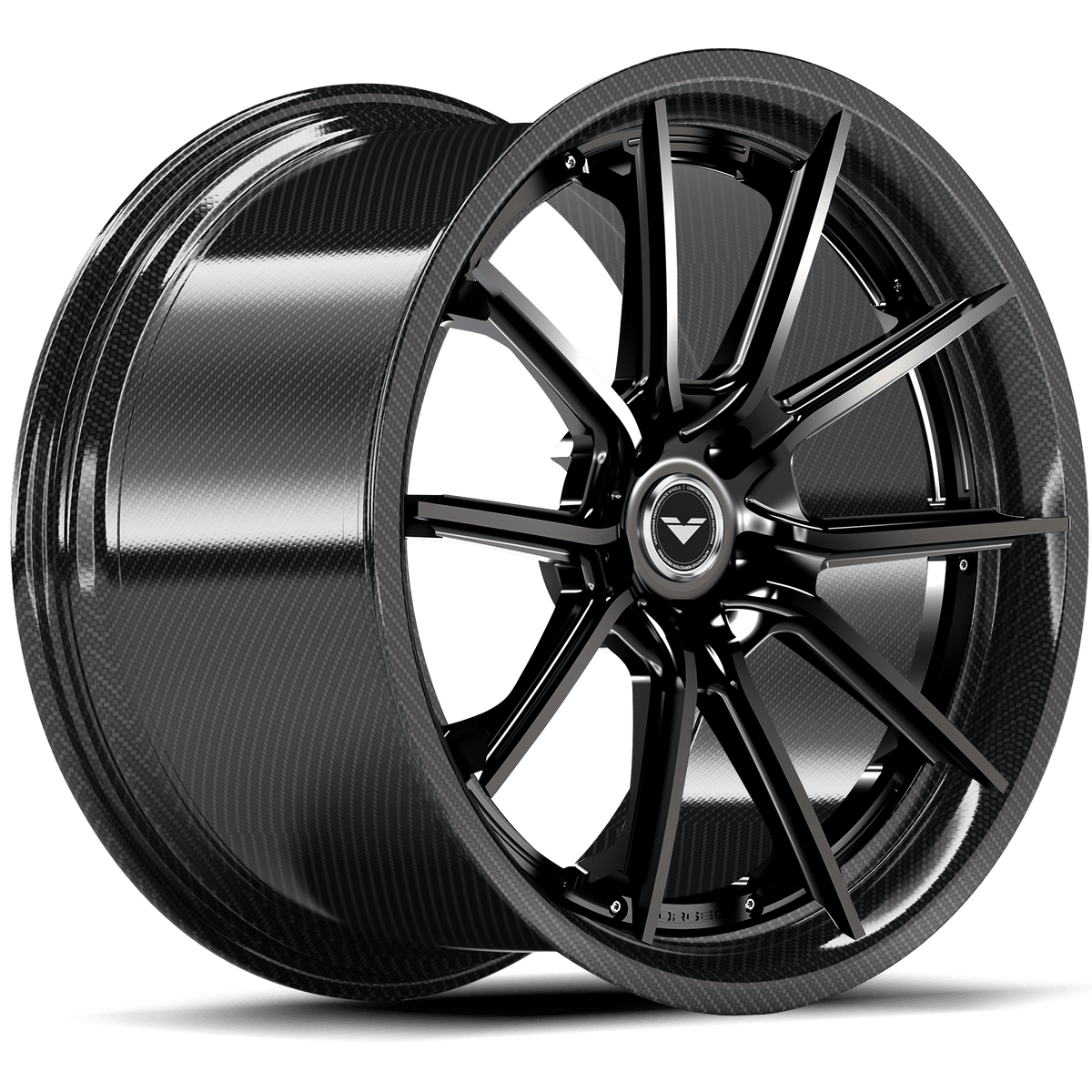 Vorsteiner VMP-201 3-piece forged wheel in black, quarter view showing multi-vehicle fitment and custom finish details