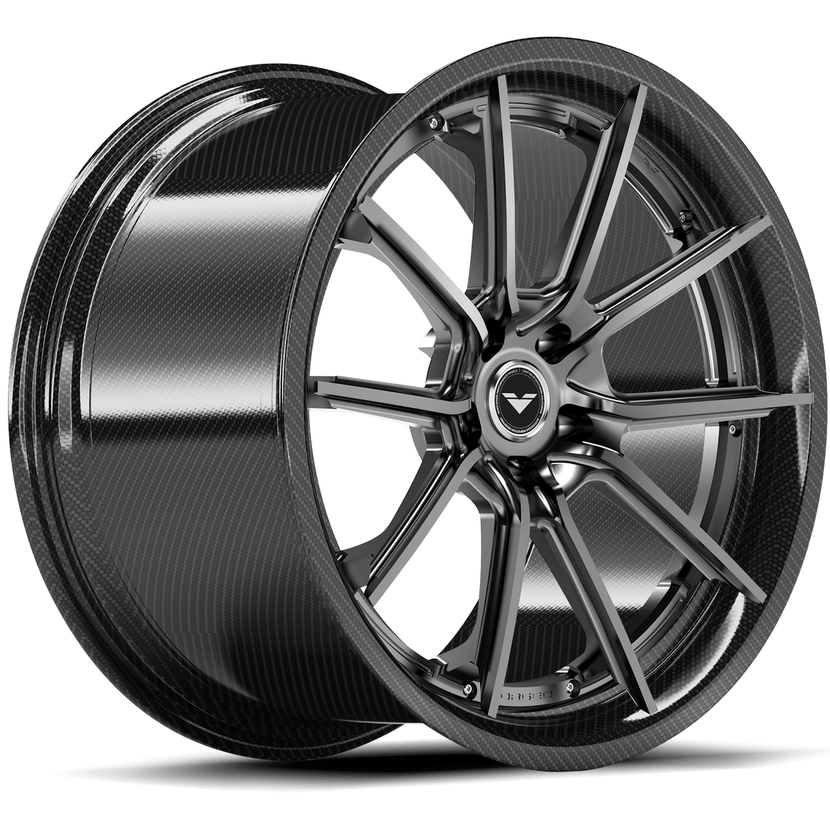 Vorsteiner VMP-201 3-piece forged wheel in graphite finish, showing a quarter view with multi-vehicle fitment and custom design.