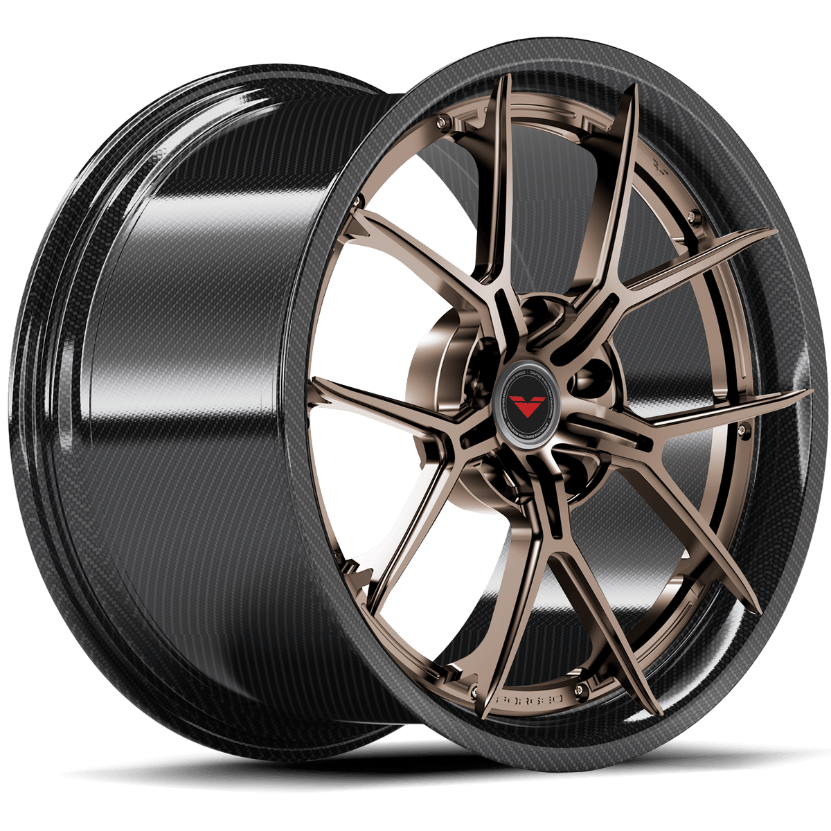 Vorsteiner VMP-203 3-piece forged wheel in bronze finish, angled quarter view showing multi-vehicle fitment and sleek design.