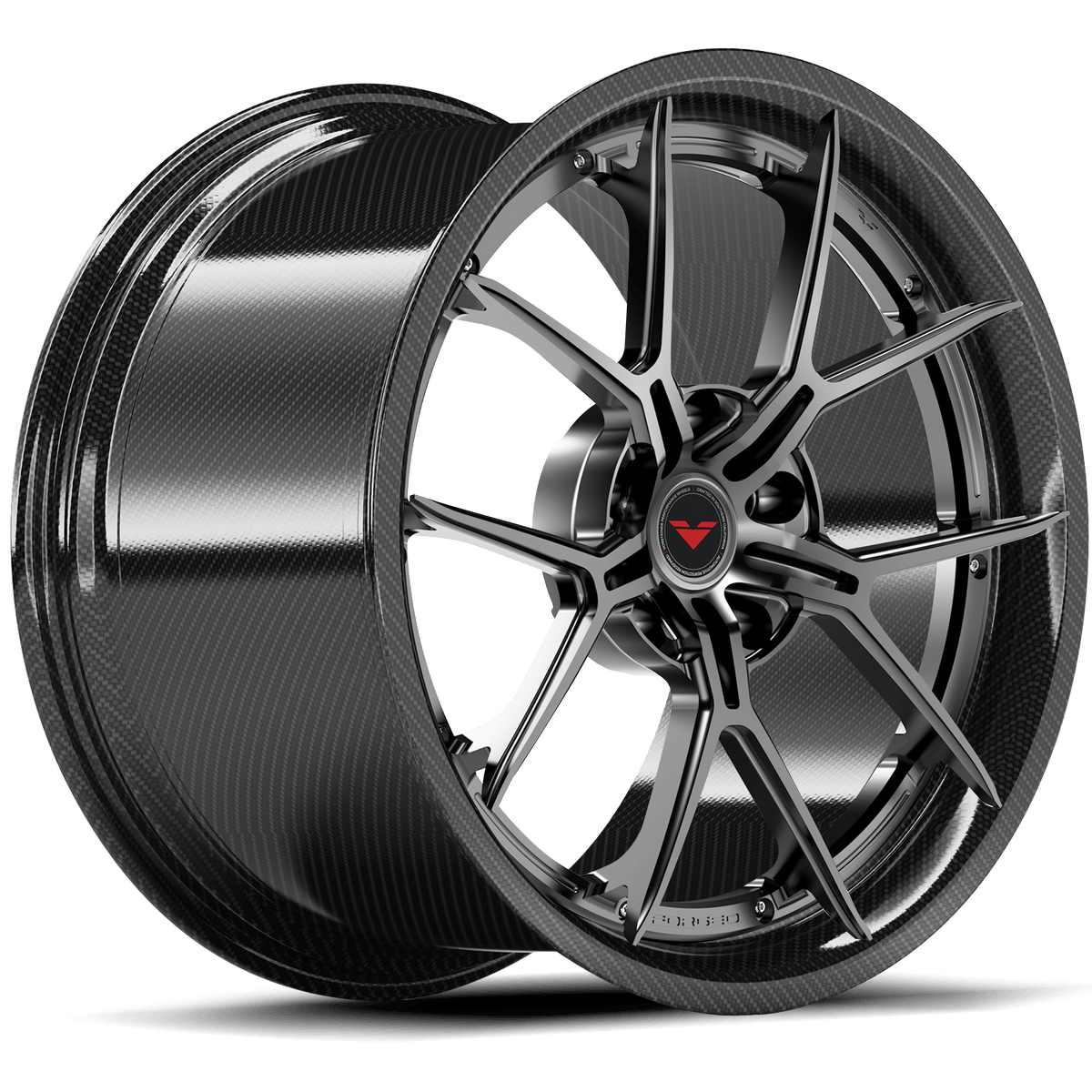 Vorsteiner VMP-203 3-piece forged wheel in graphite finish, showcasing a quarter view with multi-vehicle fitment and custom design details.
