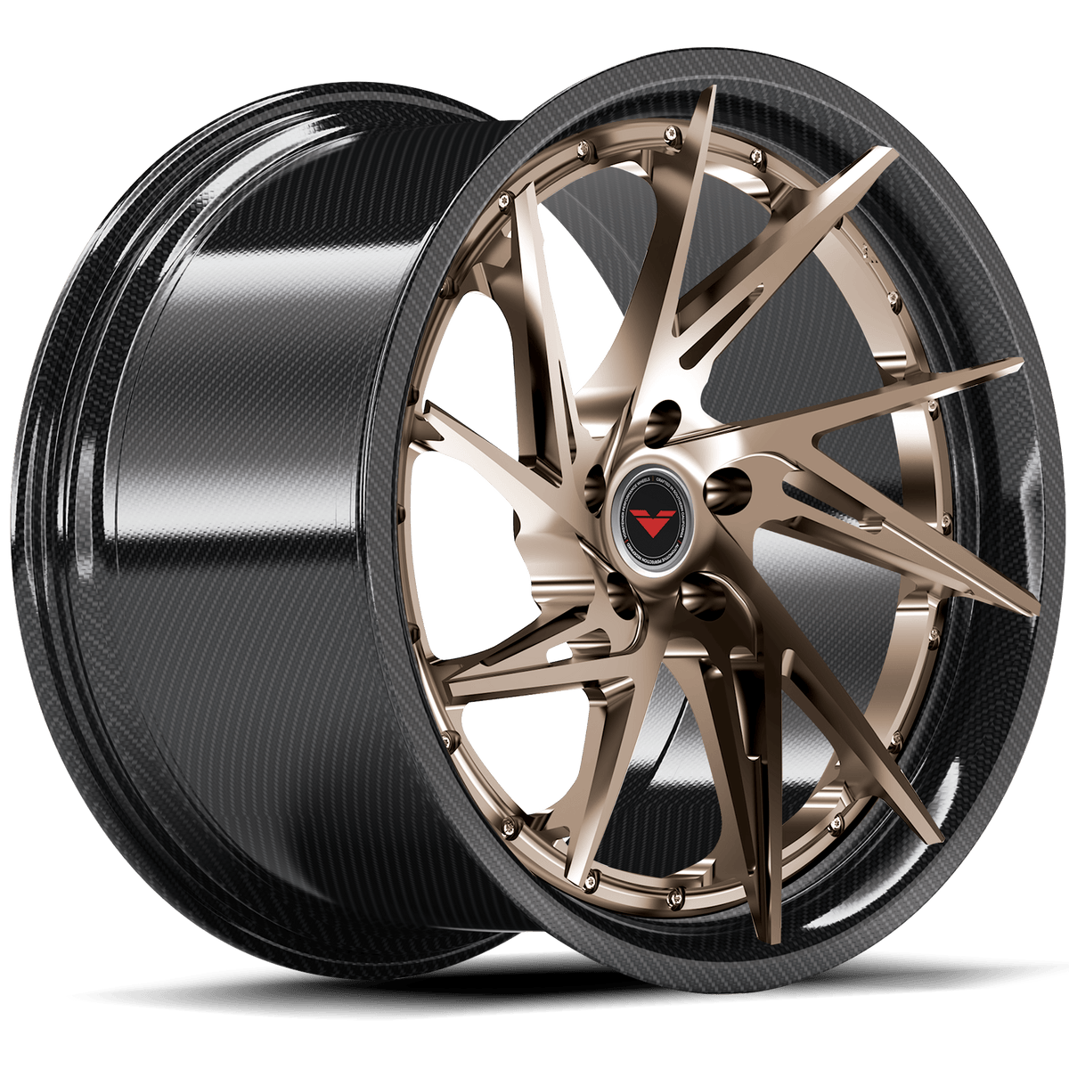 Vorsteiner VMP-204 3-piece forged wheel in bronze finish, quarter view showing multi-vehicle fitment and custom design details.