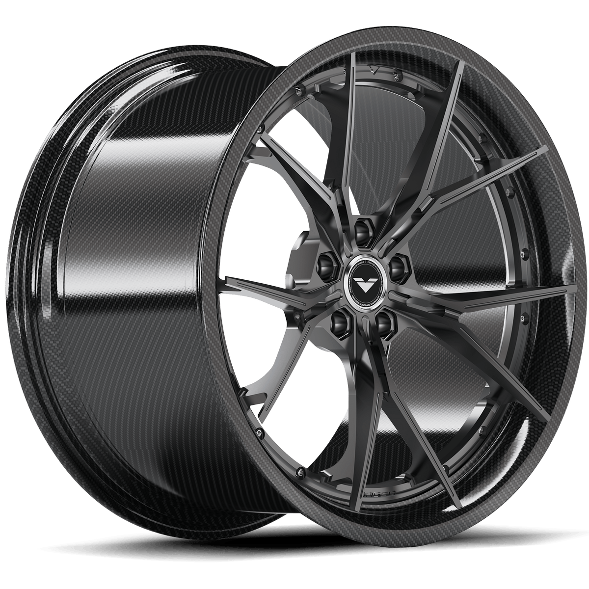 Vorsteiner VMP-205 3-piece forged wheel in graphite finish, displayed from quarter view on a vehicle.