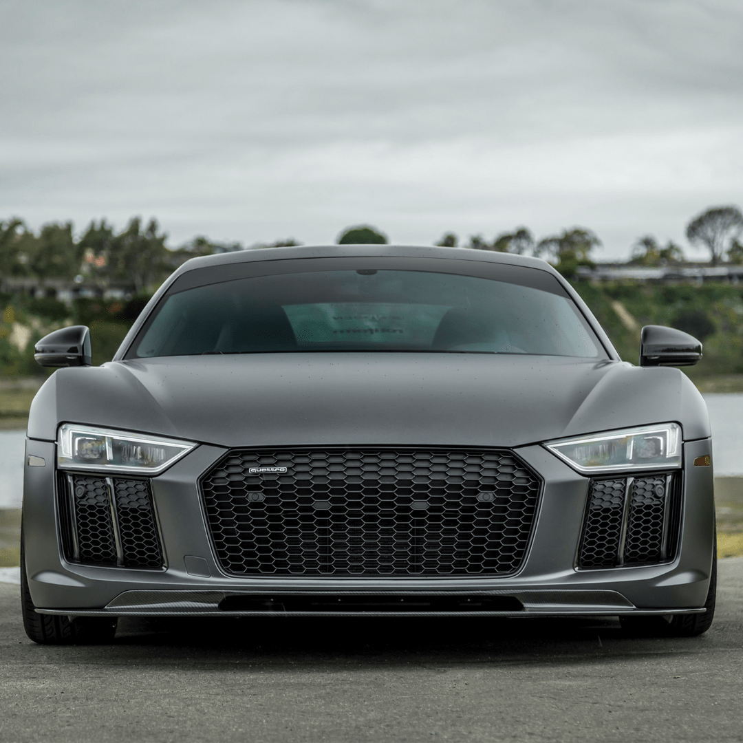 2017+ Audi R8 Vorsteiner Aero carbon fiber front spoiler, showcasing a sleek, aerodynamic design for enhanced performance and style.