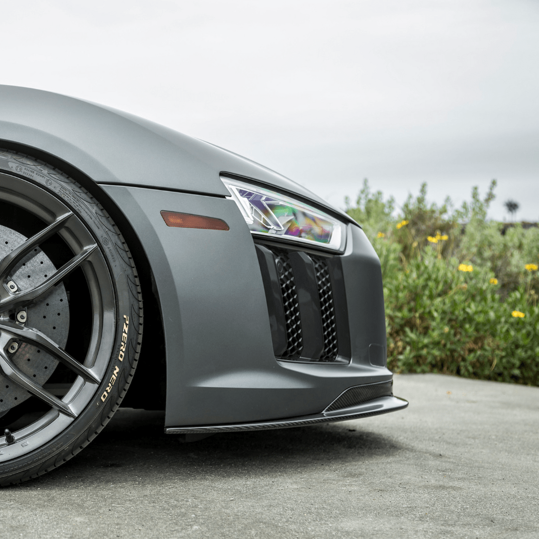 2017+ Audi R8 Vorsteiner carbon fiber aero front spoiler, lightweight and aerodynamic upgrade for enhanced vehicle performance.