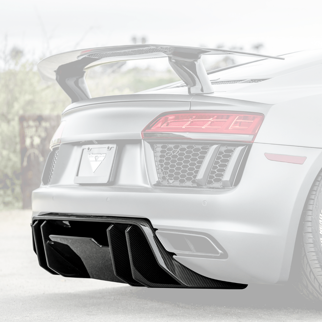 2017+ Audi R8 Vorsteiner carbon fiber aero rear diffuser showing sleek, aerodynamic design and detailed craftsmanship.